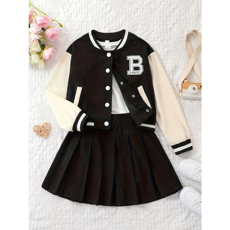 

Костюм для девочек Осенне-зимний стиль Юбка средней и большой длины Вельвет Вышивка букв Модная куртка Плиссированная юбка Костюм-двойка 140cm