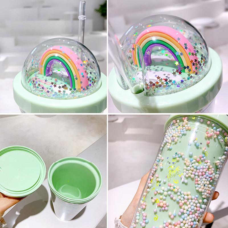 Doppelschichtige Regenbogen-Plastikwasserflasche mit Strohhalm, kreativer 550-ml-Becher