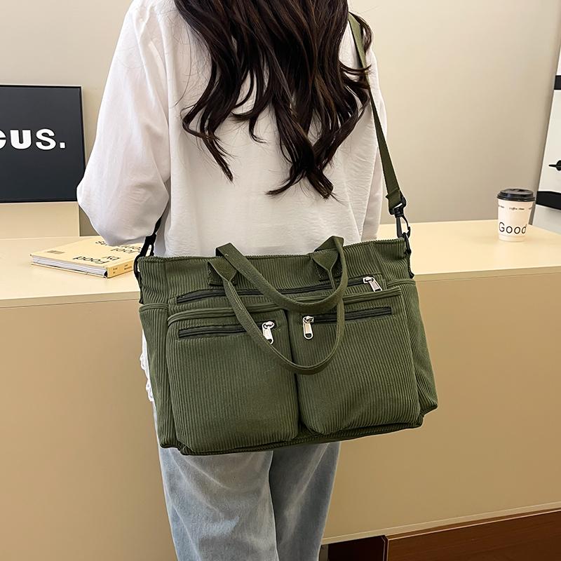 Large Capacity Corduroy Shoulder Bag for Women – Multi-Pocket Tote with Zipper Compartments and Stylish Design