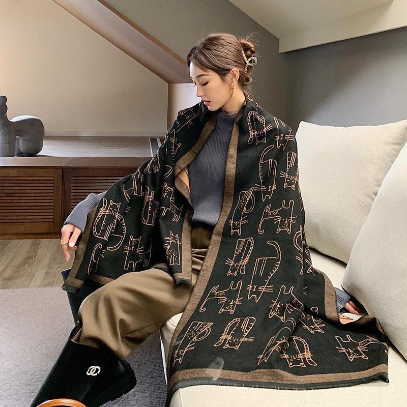New thick fringed scarf female cat print imitation cashmere summer air conditioner shawl autumn and winter cold scarf