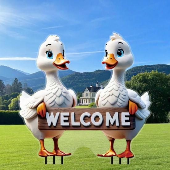 Cute Ducks Garden Stake, 2D Acrylic Rooster Decoration, Farmhouse Yard Art Stake, Outdoor Duck Welcome Sign for Lawn Flower Bed