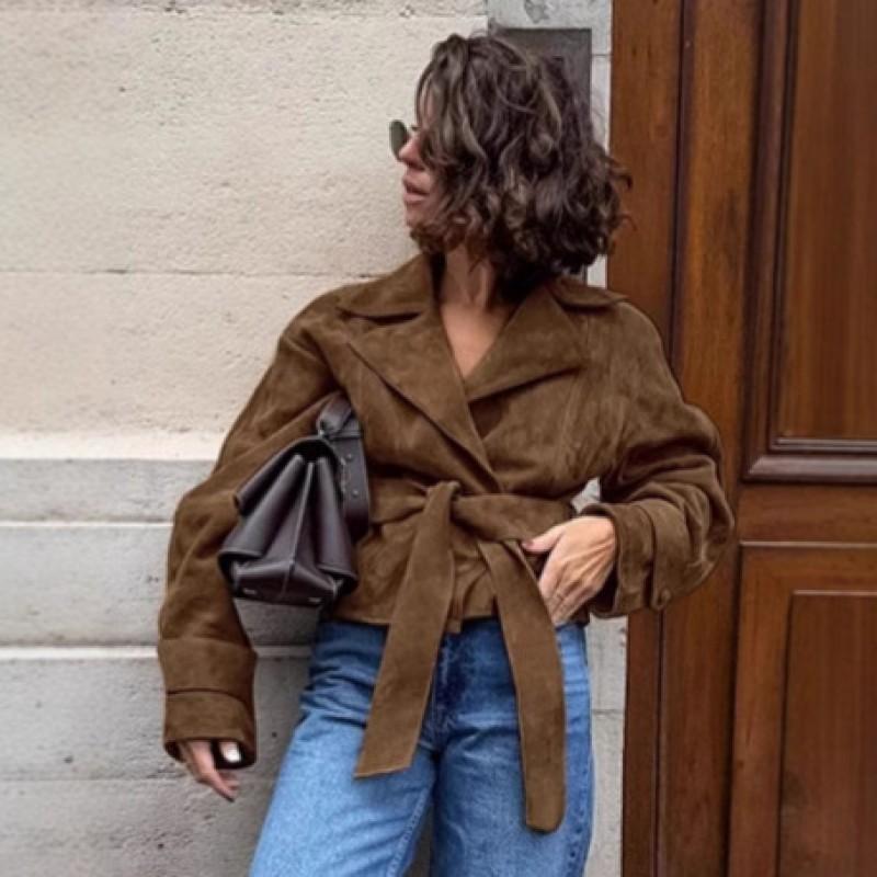 Womens Faux Suede Wrap Tie Coat 2026 Fall Winter Vintage Commute Blazer Collar Jacket
