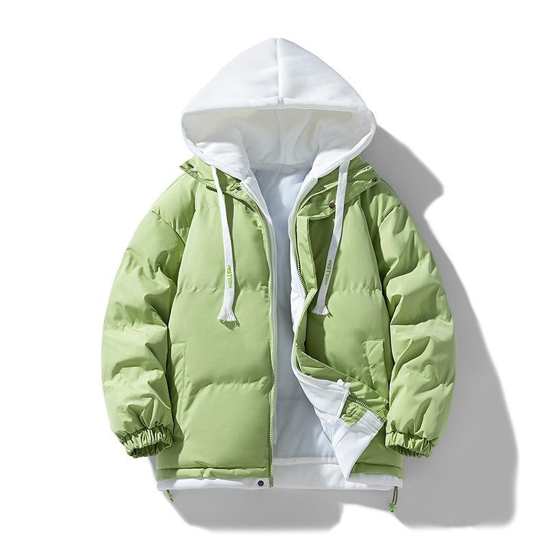 

Men s Trendy Cotton Clothes New Winter Cotton-padded Clothes Large Size Hooded Fake Two-piece Couple Bread Clothes 4XL фарби люмінесцентні зелений колір
