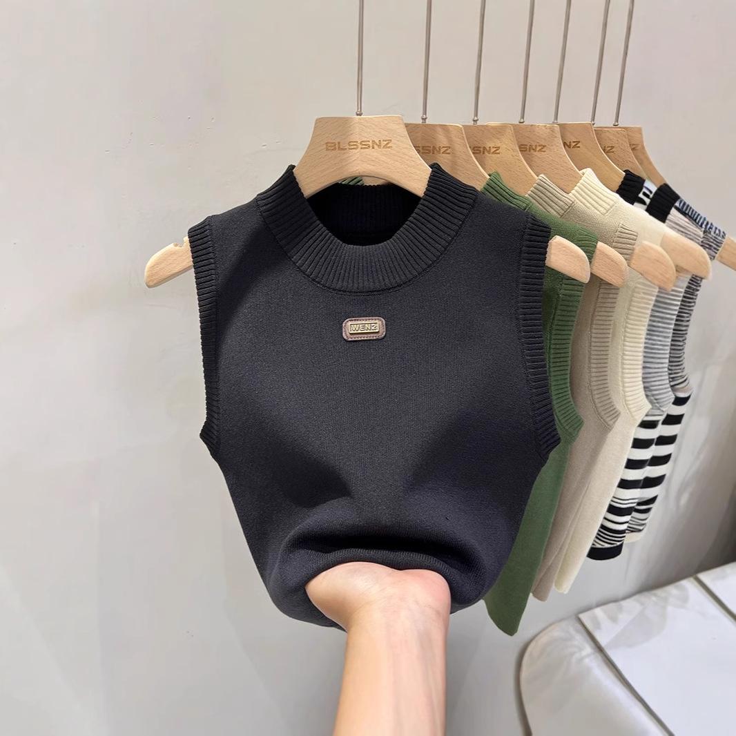 

Women s Summer Slim Knit Vest - Round Neck, Sleeveless, Straight Shoulder Top One Size