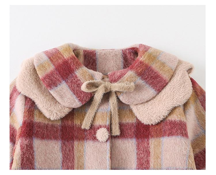 Girls' 2025 Mid-Length Plaid Wool Coat - Thickened for Autumn/Winter Warmth