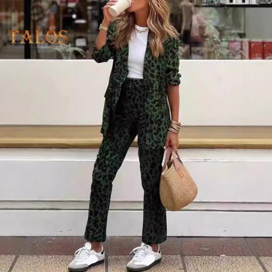 2 Pcs/Set Lady Formal Coat Pants Set Long Sleeves Leopard Print Lapel Cardigan Mid Length Jacket Straight High Waist Trousers Formal Business