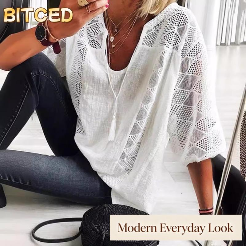 BITCED Women's Fashion Casual Solid Color Print 3/4 Sleeves V Neck Blouses & Shirts