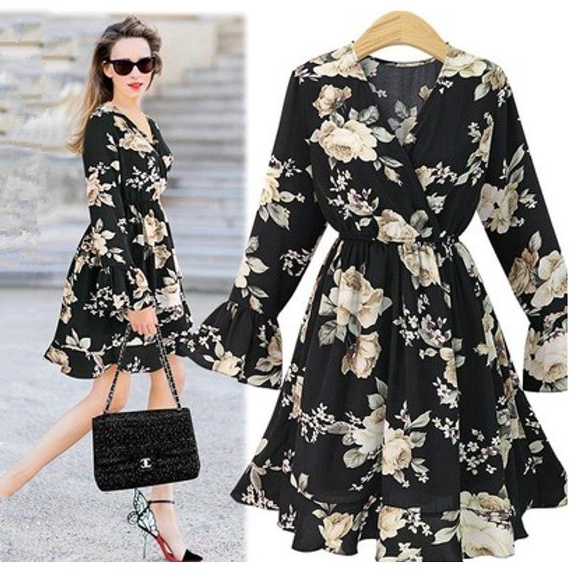 

Fashion Fashion Plus Size Print Dress Fat Sister Elastic Waist Chiffon Base Skirt 100.00kg Black Plus size XL(Plus size XL)