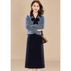 Kobeier Faux Mink Velvet Bow Lapel Top & Straight Skirt Set