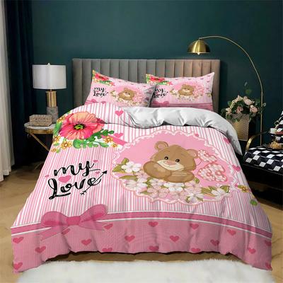 Romantische Liebe Herz Cartoon Bär Bettbezug Mikrofaser King für Frauen Männer Mädchen Teenager Valentinstag Raumdekoration Queen King Größe