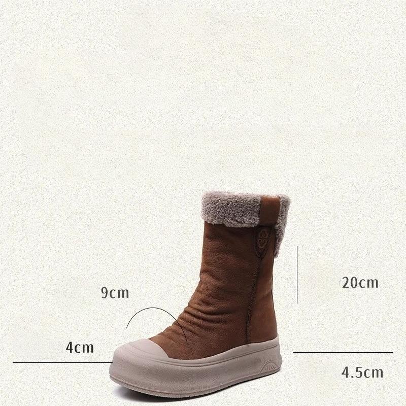 Johnature Genuine Leather Warm Plush Mid-calf Boots Casual Thick Soled Side Zipper Women's Boots
