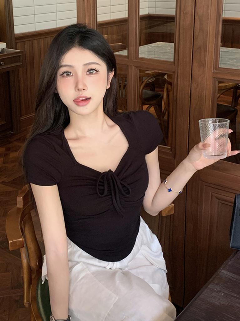 Pure desire Spice Girl wind drawstring square neck short-sleeved T-shirt women's summer new slim-fit inner bottoming shirt top