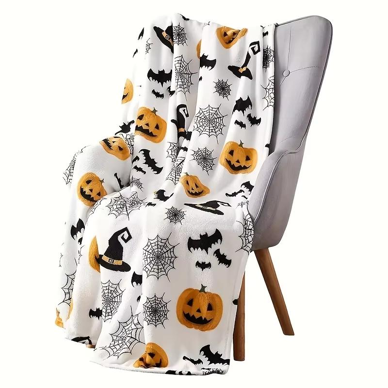 1pc Halloween Blanket Spiders Web Bats Pumpkins Print - Spooky Flannel Throw for Couch Decor - Soft Warm Gift for Party