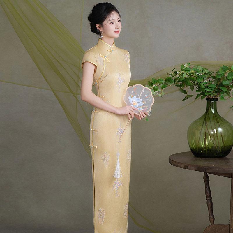 Embroidery Yellow Sleeveless National Style New Chinese Style Suzhou Long Cheongsam Improved Young 1011 New Women's High Sense