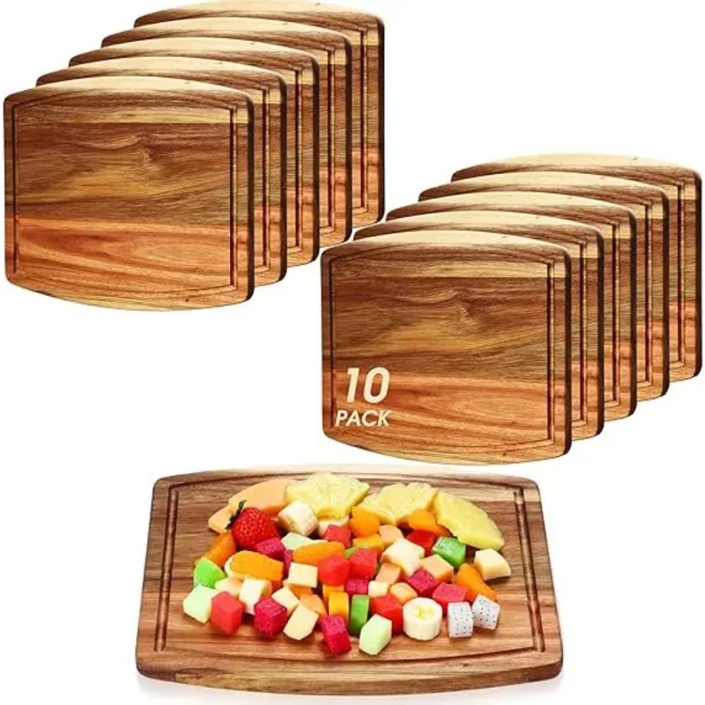 10 Pack Acacia Wood Cutting Boards for Laser Engraving, Wooden Dinner Plates with Groove, Chopping and Charcuterie Boards