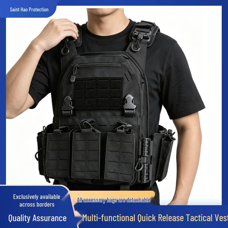 Tactical Quick-Release Vest with Inserts: Outdoor Training Essential One Size; Black