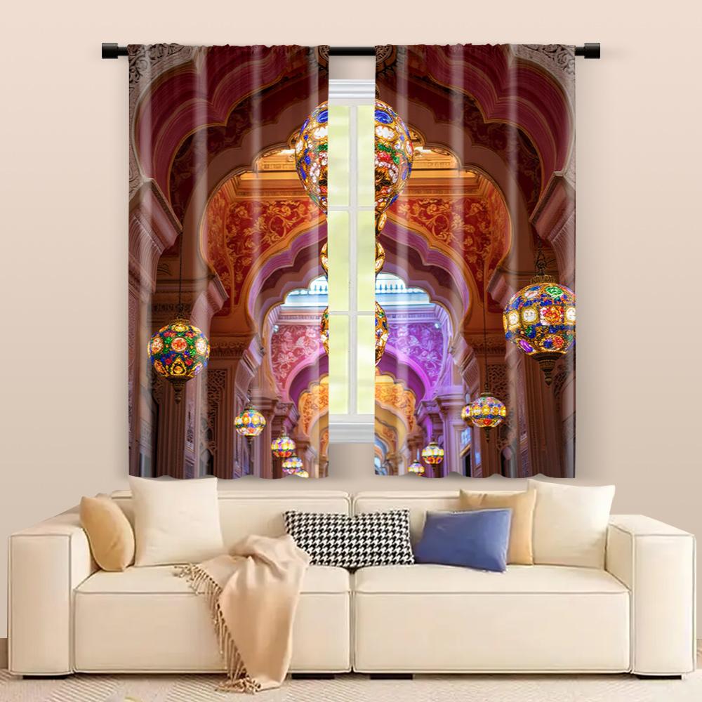 2 Pcs, Filtering Curtains (excluding Rods, Non-movable, Without Batteries) Indian-Inspired1 for Use In Bedrooms and Living Rooms