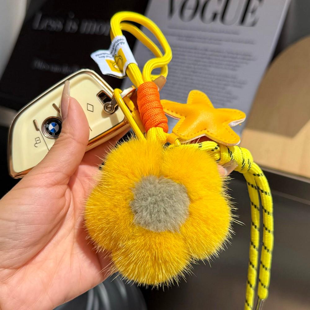 New Mink Fur Flower Keychain Handmade Sunflower Plush Hanging Ornament Backpack Hanging Chain Car Keychain Women's Bag Pendant