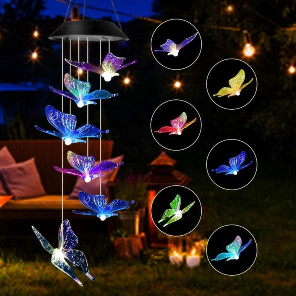 Bunte Windspiele LED Solarleuchten Kolibri Schmetterling Form Outdoor Hof Garten Dekor Fenster Veranda Wohnaccessoires