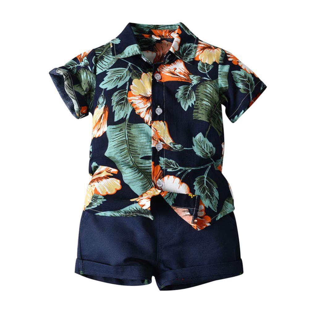Toddler Baby Boy Gentleman Shorts Sets Infant Kids Leaves Floral Short Sleeve Button Down Shirt Top+Shorts Suits Hawaiian Outfit 9M-5Y