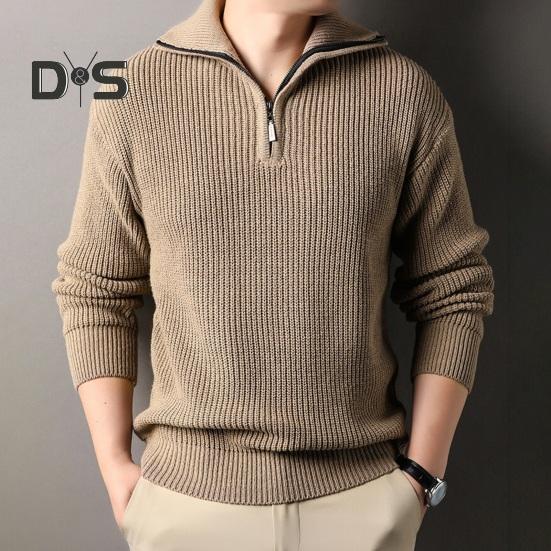 Men Fall Winter Sweater Lapel Loose Half Zipper Long Sleeves Mid Length Solid Color Retro Knitted Sweater