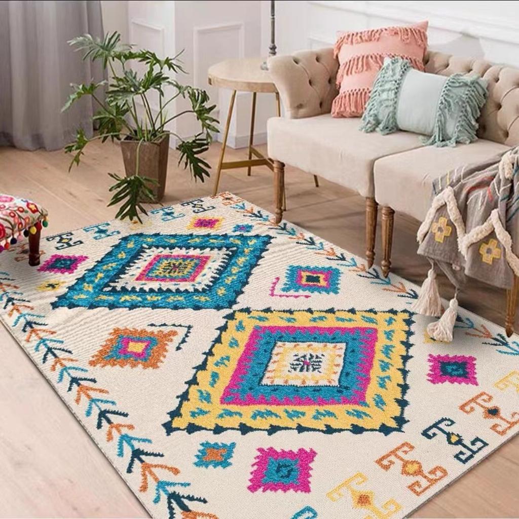 Washable Area Rug Teal Boho Bedroom Non-Slip Oriental Carpet Throw Rug Low-Pile Indoor Floor Carpet for Dining Room Living Room Foyer Decor