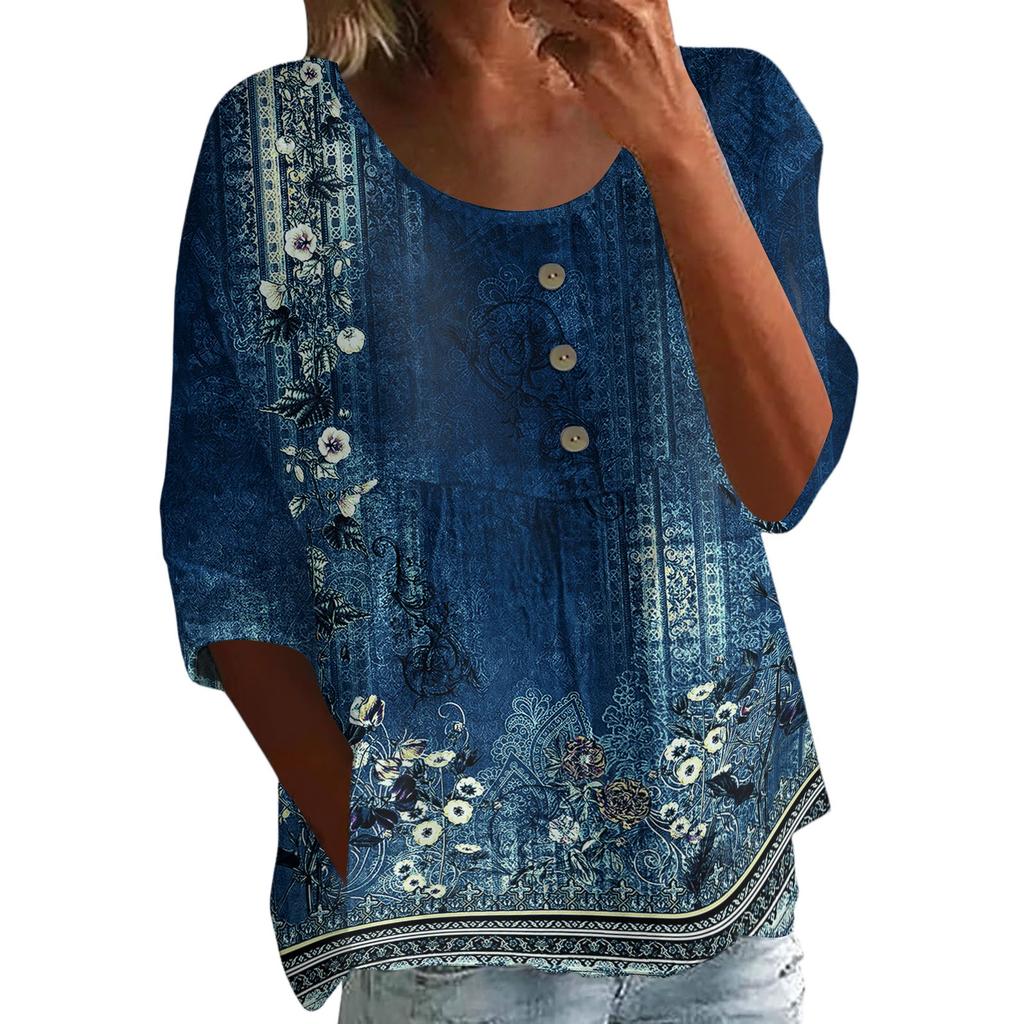Women's Casual Fashion Three-quarter Sleeve Loose Round Neck Button Retro Print Top