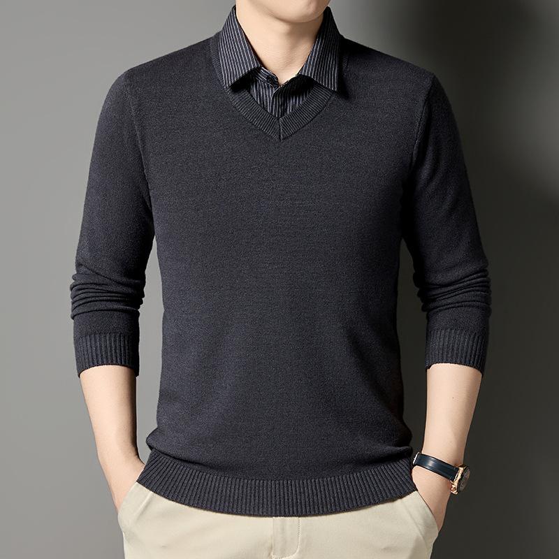 New Fall and Winter Fake Two-piece Shirt Collar Knitted Sweater for Men Stripes Fashionable Warm Skin-friendly Base Sweater