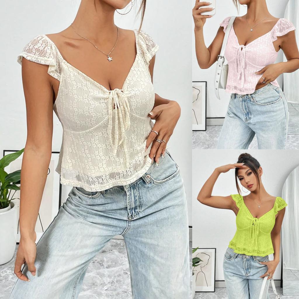 2025 Summer Fashion Casual Blouse Lace Lace Strap V-neck Top