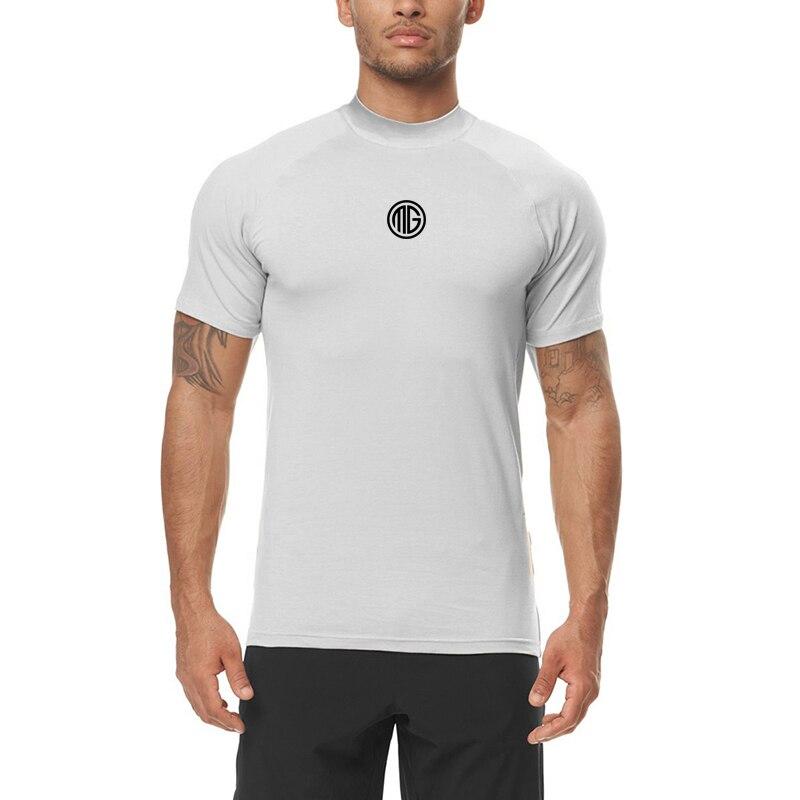 Muscleguys Men's Fitness Semi-high Neck Elastic T-shirt Summer Slim Fit Short Sleeve Streetwear