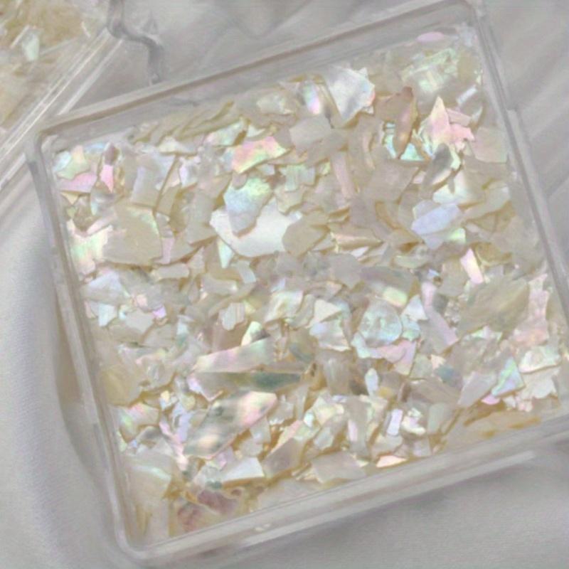 Krabička 01 Fragmenty z Bohajského zálivu, Štvorcové škrupiny, Farebné fragmenty mušlí abalone na nechtové umenie, Super tenké biele diamantové fólie na nechty