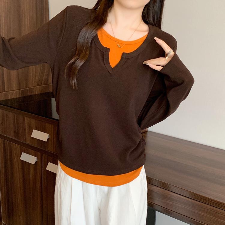 

Plus Size Women s Casual Color Block Waist-Cinched Long Sleeve T-shirt L коричневый