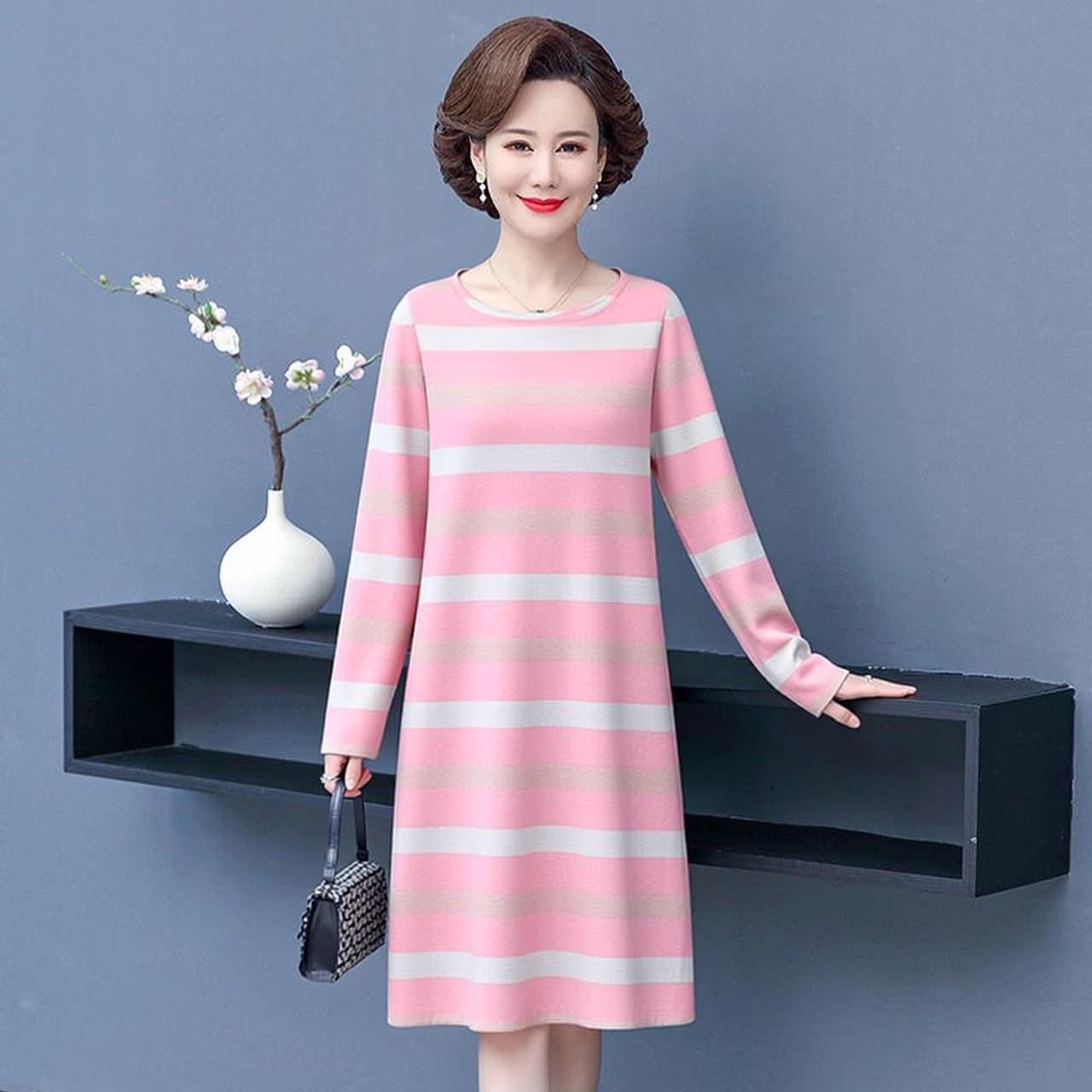 

High-End Women s Colored Striped Midi Dress, Slimming & Age-Reducing, Elegant Style, Plus Size Available M