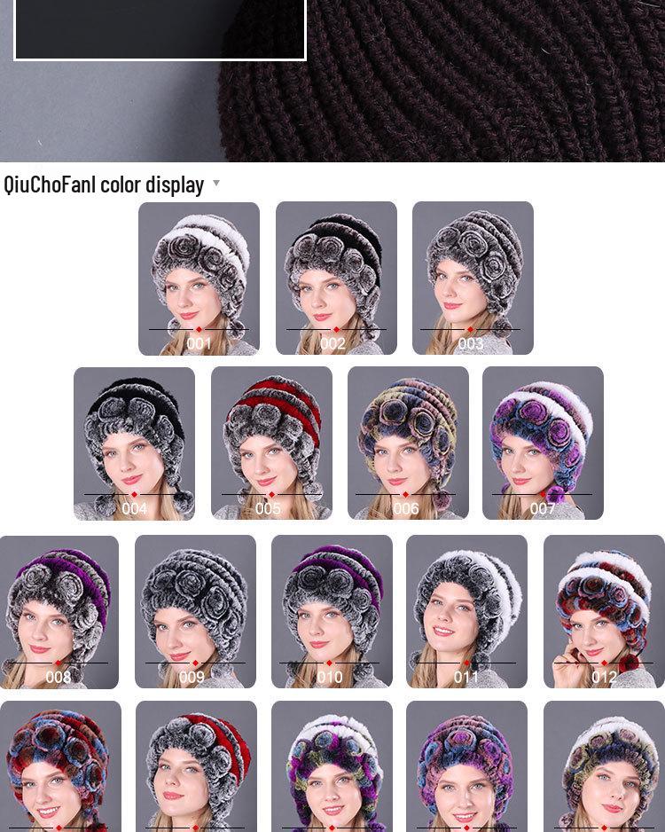 Women's Warm Rex Rabbit Fur Hat with Ear Protection and Pom-Poms