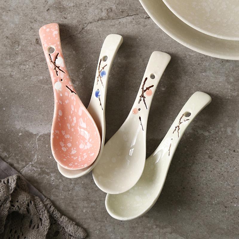 Japanese Hand-Painted Plum Blossom Tableware: Rice Dish, Small Spoon, and Soup Ladle Set Pink Blossom