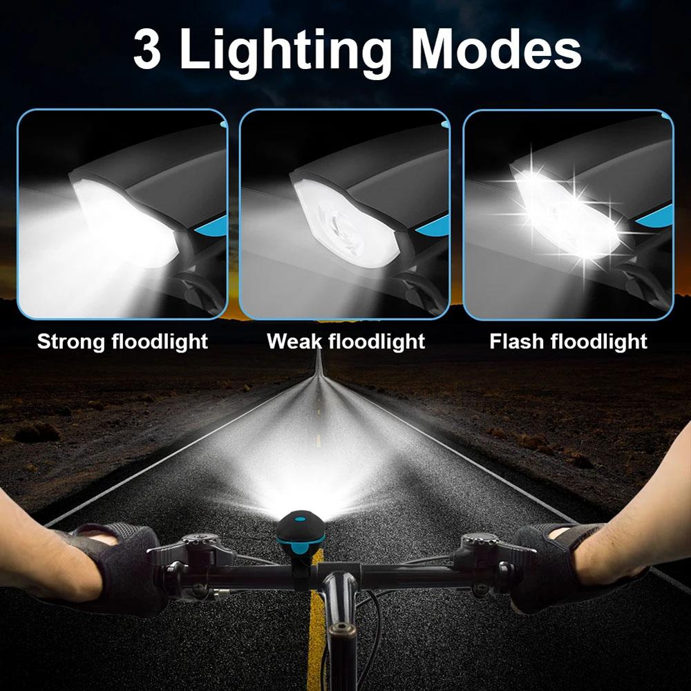 Wiederaufladbares USB-Fahrradscheinwerfer mit Hupe Wasserdichtes LED-Frontlicht für Mountainbike-Straßenfahrrad Nachtfahrradsicherheit