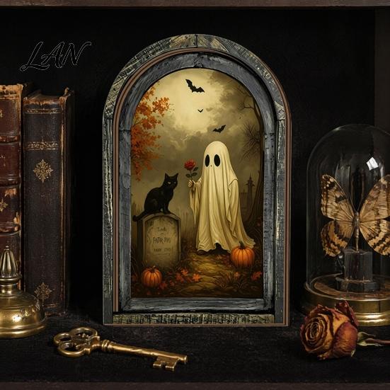 Decorative Halloween Desktop Accents Arched Wooden Wall Hanging Plaque, Double-Layer Distressed Ghost Cat Ornament, Rustic Tabletop Signs Gothic