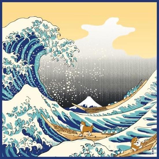 Hamabunyo Picture Cloth (Furoshiki 50cm) Hokusai Shiba Inu Great Wave
