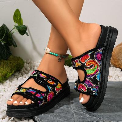 Nieuwe Mode Graffiti Platform Slippers Dames Dubbele Gespsluiting Platte Sandalen Vrouw Zomer Dikke Zool Antislip Strand Slides
