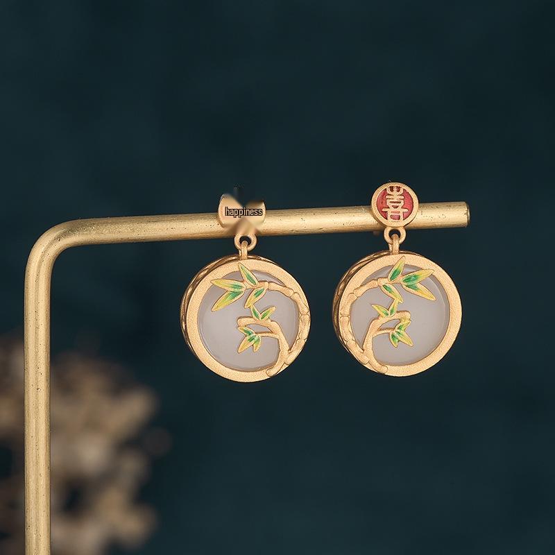 Chinese Style Hanfu-Style Enamel & Jade Imitation Stud Earrings with 925 Silver Needle