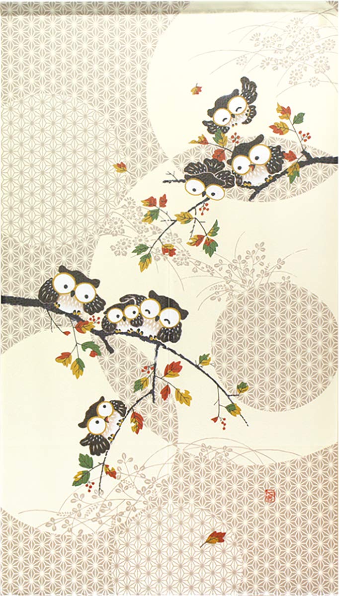 

Noren Kobo Owl Lucky Charm Series Curtain with Checkered Lace Lucky 85cm Wide x 150cm with Leaves and Seven Lucky 93514 Print, Half-Length Curtain,