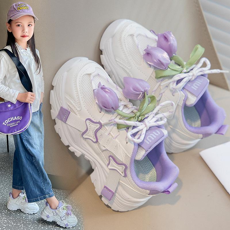 Girls Sneakers Tulip Flower Breathable Dad Shoes 2025 Spring and Autumn New Girls Mesh Casual White Shoes