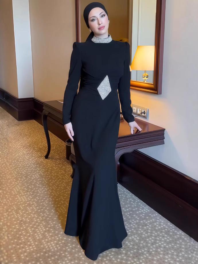 2025 Autumn High Neck Waist-Gathering Printed Evening Dress