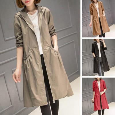Women Spring Autumn Hooded Mid-length Windbreaker Zipper Placket Long Sleeve Pockets Solid