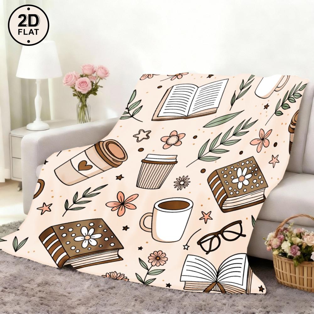 Cozy Bookish Coffee Cup Flannel Blanket, Book-Themed Modern Reading Corner Decor, 2D Flat Printing Warm Bed Cover