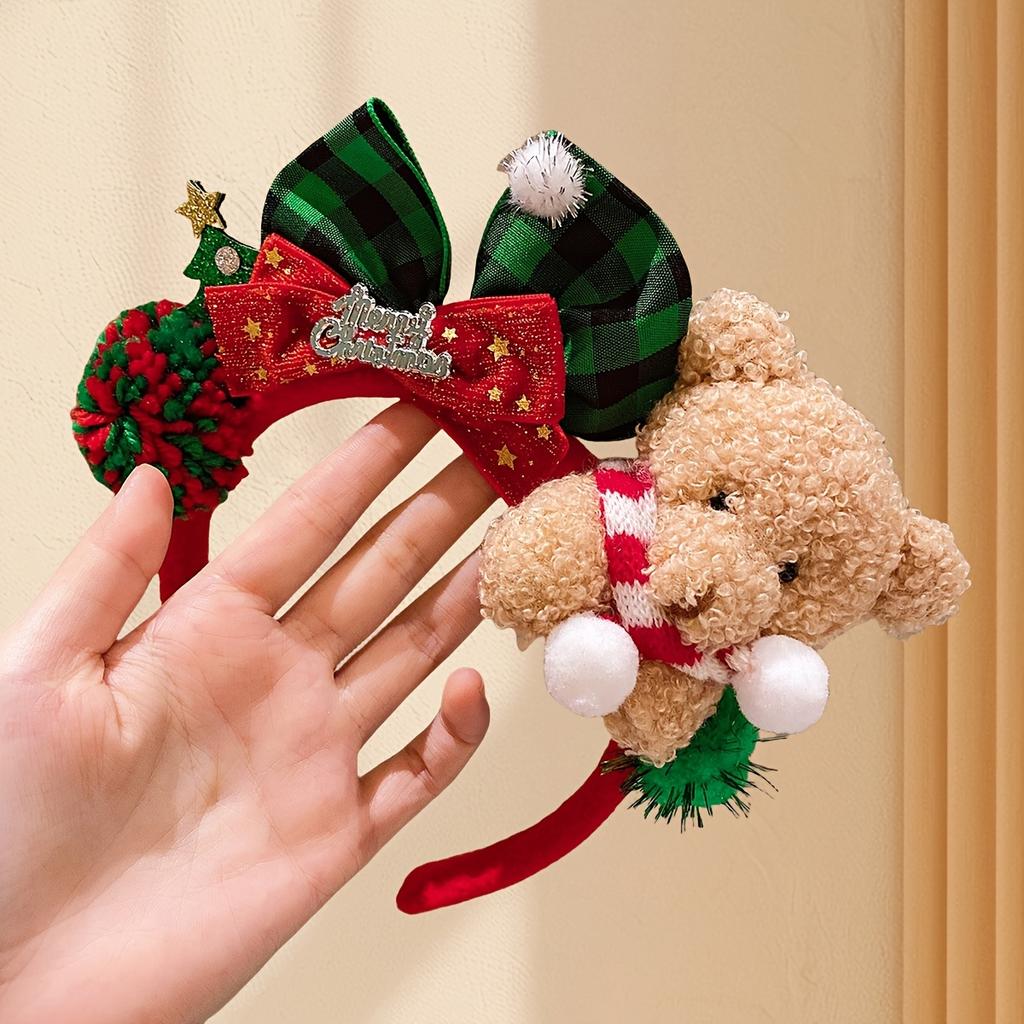 1 peça Tiara de Natal Ursinho Fofo com Orelhas Xadrez, Laço Vermelho e Verde e Pom-Pom - Acessório de Cabelo Festivo Macio e Confortável