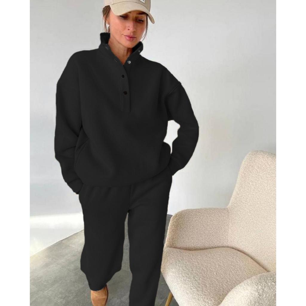 Spring and Autumn Women's Fashion Button Up Collar Hoodie Loose Pants, Hoodie Set