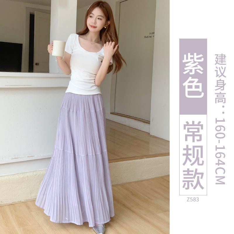 Apricot gauze skirt skirt women s new spring and summer high waist drape a-word skirt small chiffon pleated skirt S【 37.5-47.5kg 】