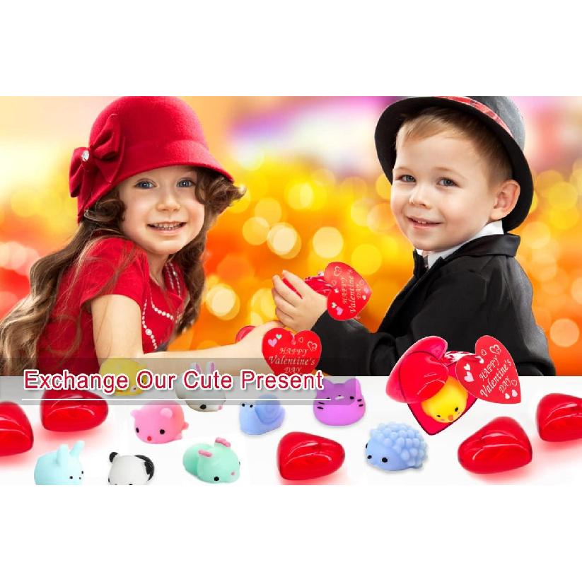 30 Pack Kids Valentines Party Favors Set 30 Mochi Squishy Toys Red Heart Plastic Box with Valentine Cards for Kids Boy Girl Valentine Gifts School