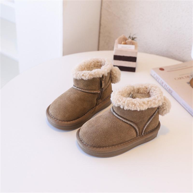

Winter Children Snow Boots Cute Butterfly-knot Genuine Leather Warm Plush Kids Boots Non-slip Girls Shoes 30 хакі